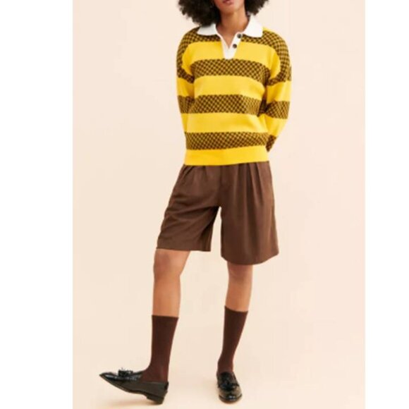 Obey Charlie  Women's Yellow Striped Raglan Sweater Houndstooth Cotton Iconic - Picture 10 of 10